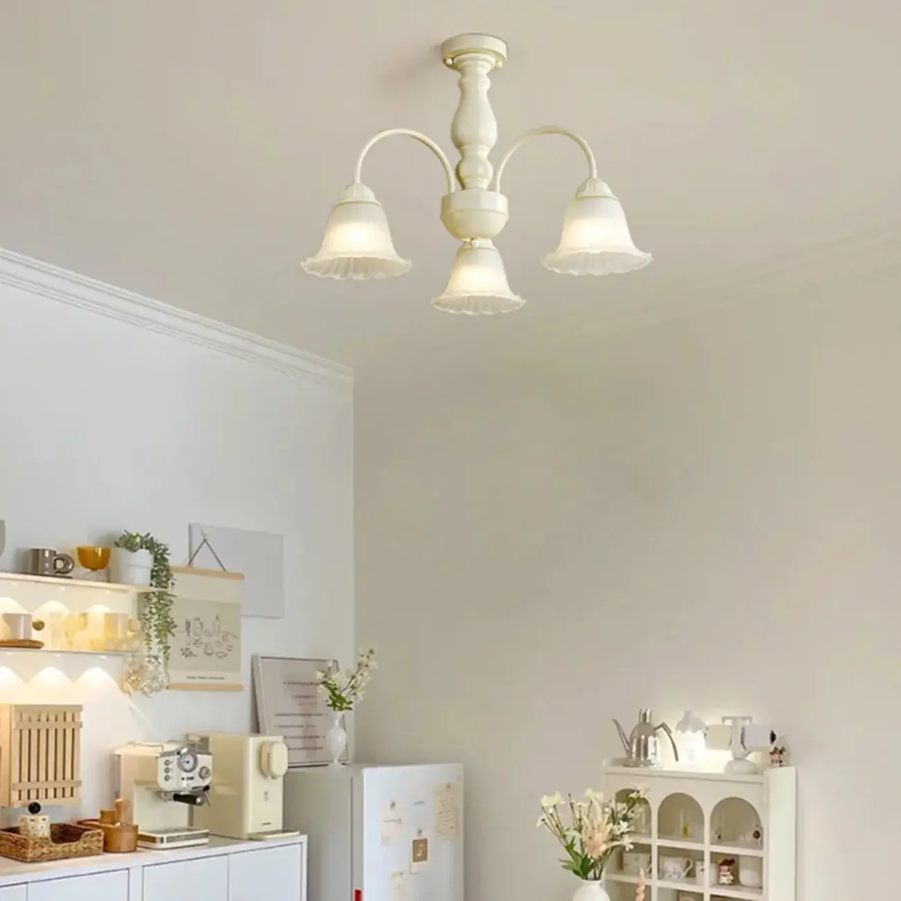 Beige Vintage Down Frosted Bell Glass Semi Flush Ceiling Light
