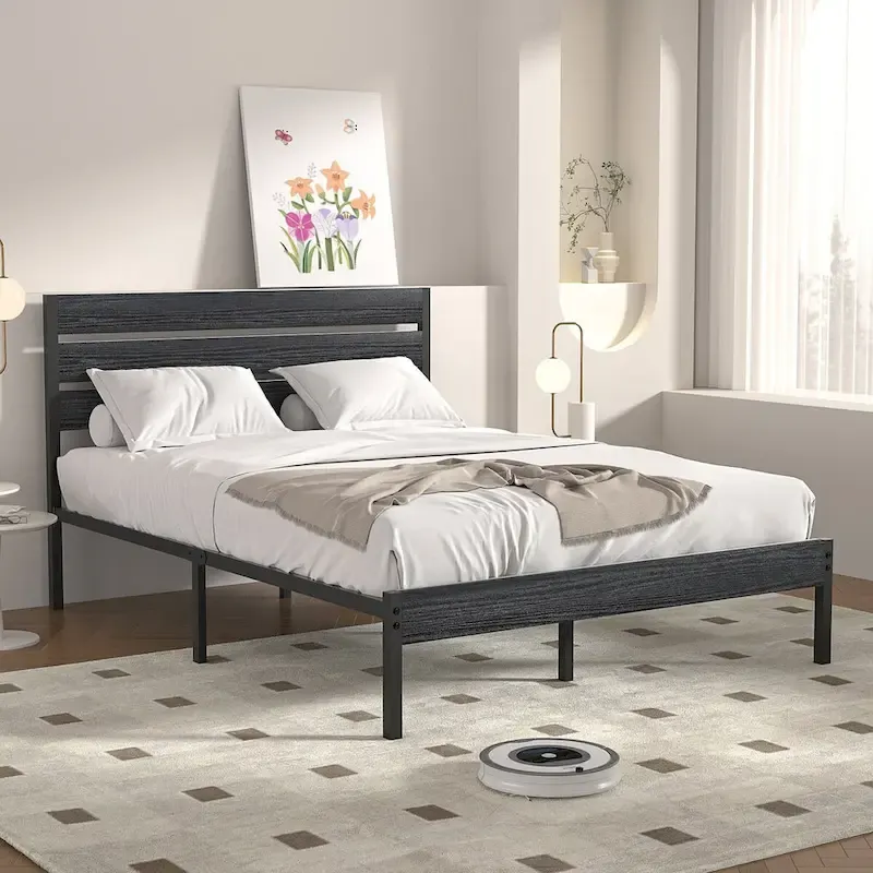 Black Platform Bed Frame with Wood Headboard