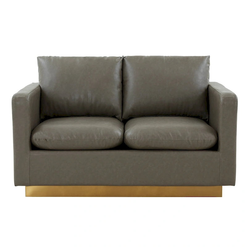 LeisureMod Nervo Modern Leather Loveseat With Gold Base & Cushions - 55.9