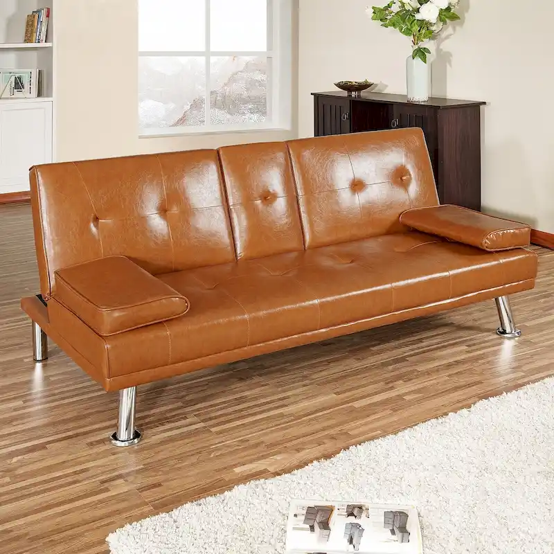 Faux Leather Futon Sofa Bed with Armrest and Cupholders, Convertible Folding Reclining Couch