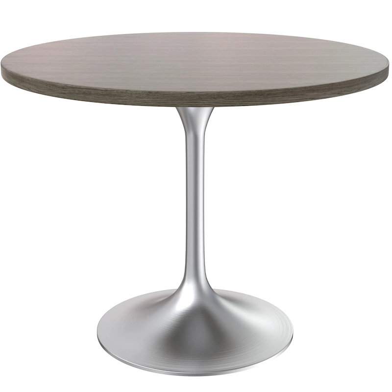 LeisureMod Verve 36 Round Dining Table with MDF Wood TableTop and Brushed Chrome Base for Kitchen & Dining Room