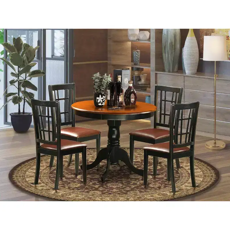5-Piece Round Black Finish Solid Wood Top Dining table with 4-Chairs with