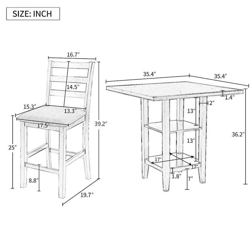 5 Piece Counter Height Square Dining Table Set with 4 Chairs