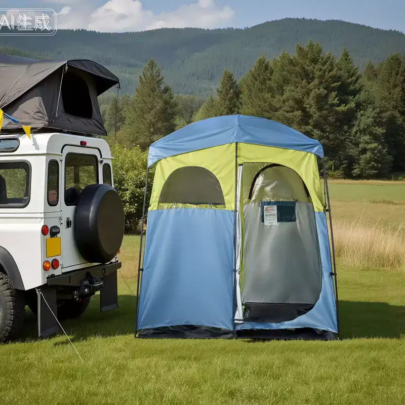 VEVOR Camping Shower Tent, 2-Room Portable Privacy Tent Changing Room with Shower Bag, Ground Stakes, Ropes, Carry Bag, and Support Poles,Blue&Green