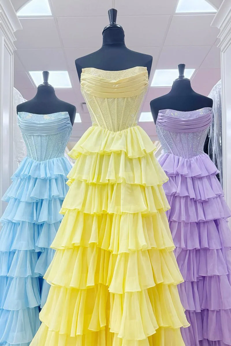 Yellow - A Line Strapless Chiffon Beaded Corset Long Prom Dress With Slit