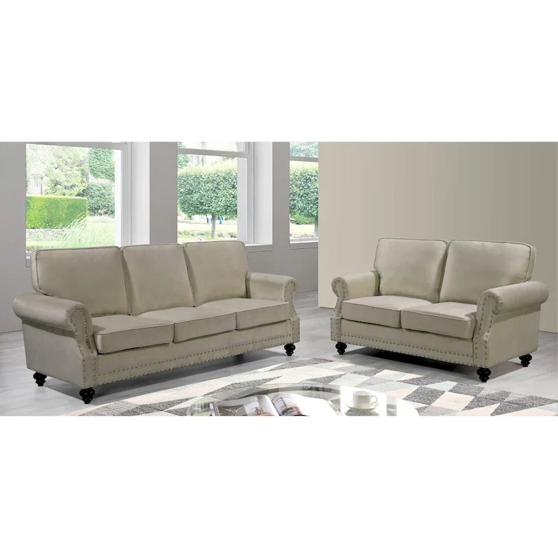 Velvet Nailhead 2-Piece Sofa Set - Loveseat & Sofa with Tufted Upholstery