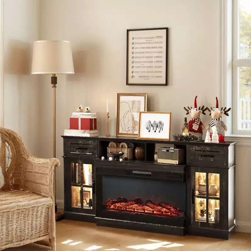 Farmhouse 70'' TV Stand For Tvs Up To 80'' With Electric Fireplace and Adjustable Shelves