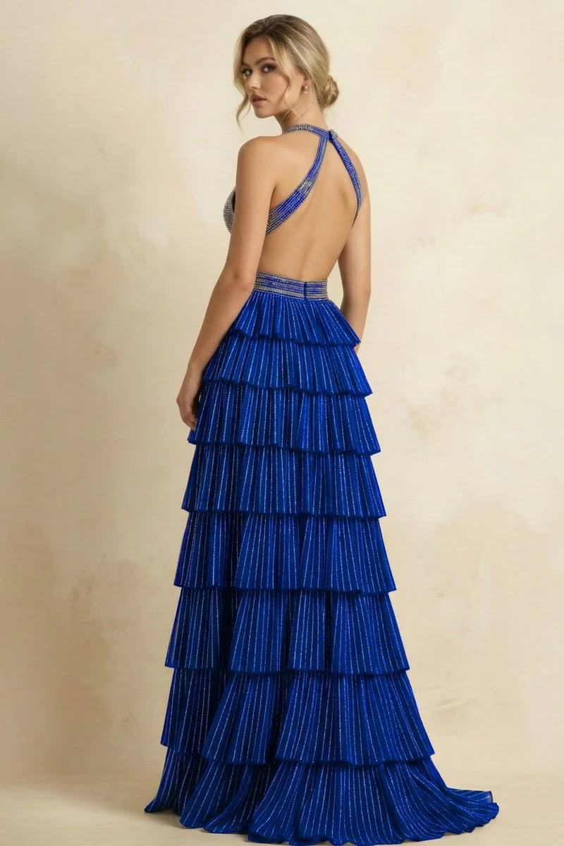 Royal Blue - A-Line V Neck Satin Beaded Long Prom Dresses With Ruffles