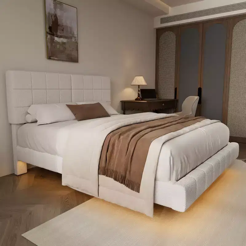 Okak Stylish Design Boucle Floating Bed Frame with Upholstered Headboard,Modern Minimalsit Master Bedroom Bed for You
