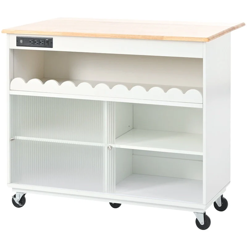 44 in. W Kitchen Island Rubberwood Drop-Leaf Countertop on 5 Wheels with Open Shelf and Wine Rack - 44