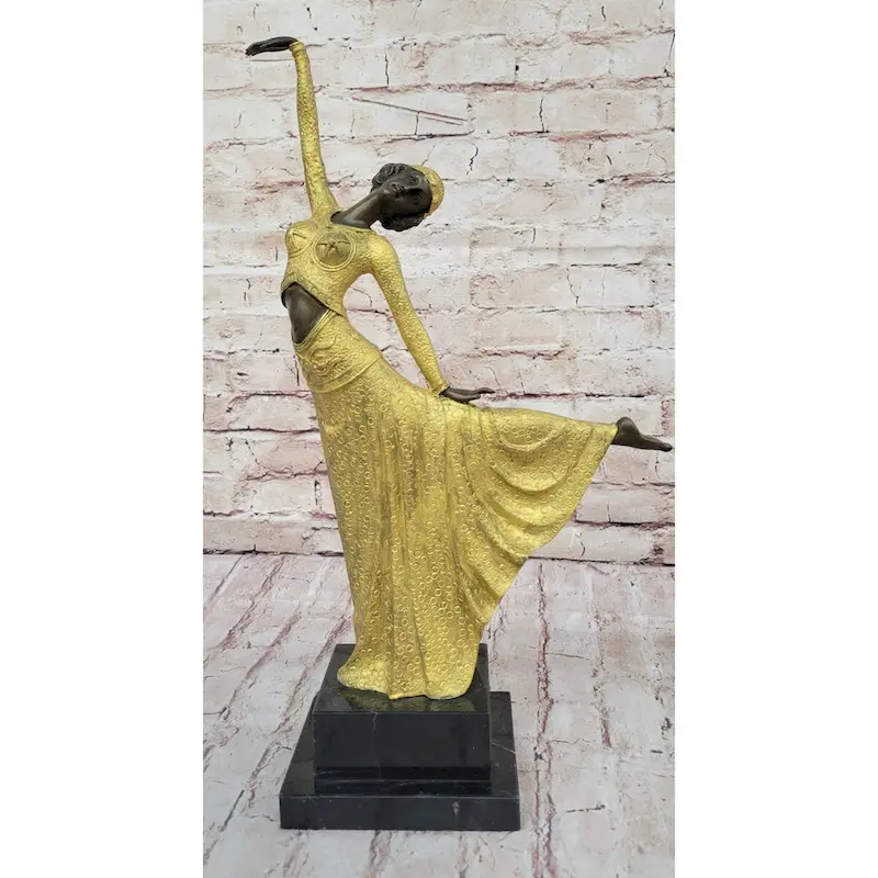 Chiparus Art Deco Bronze Dancer Girl In Long Dress W/ Gold Patina