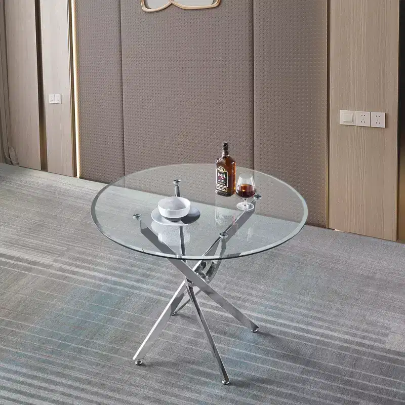 Round Glass Dining Table with Stainless Steel Cross Legs, Modern Glass Kitchen Table, Suitable for Dining Room and Kitchen, Silver.