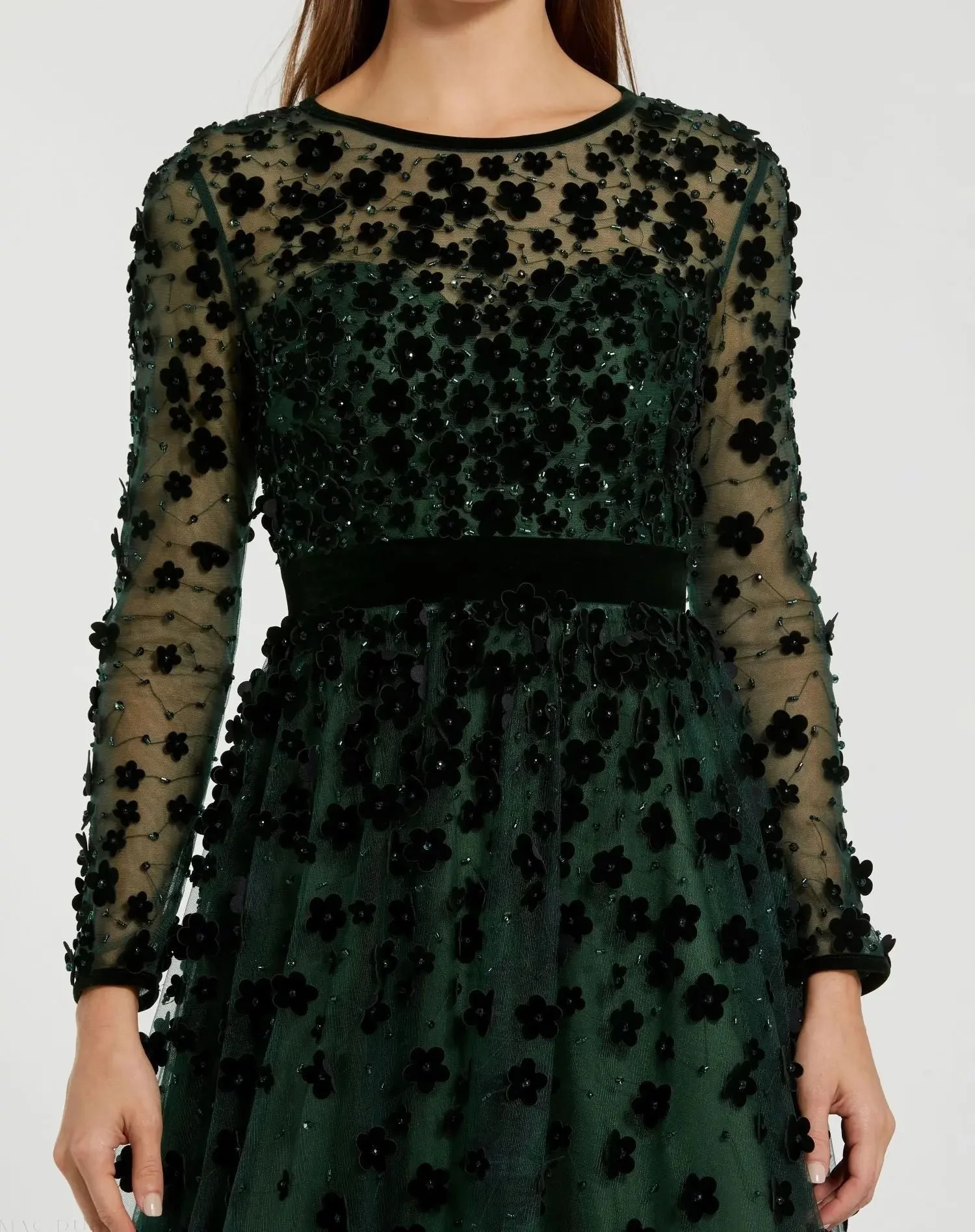 Green Velvet Embellished Illusion Long Sleeve A-Line Midi Dress