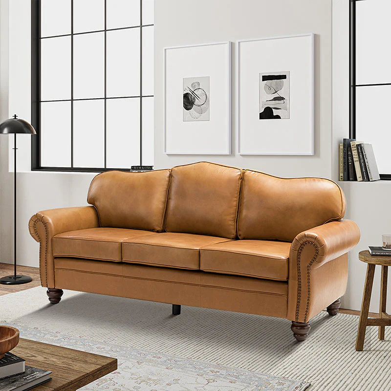 Genuine Leather Roll Arm Sofa with Nailhead Trim, Removable Cushions, S-Spring & Turned Walnut Rubberwood Legs | Camel / Beige / Sage / Black / Navy / Brown / Grey / Turquoise | 3-Seater