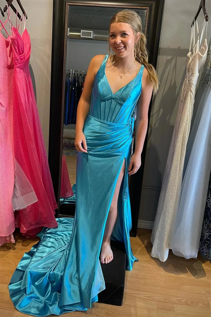 Grape Mermaid Satin V Neck Long Prom Dress with Slit