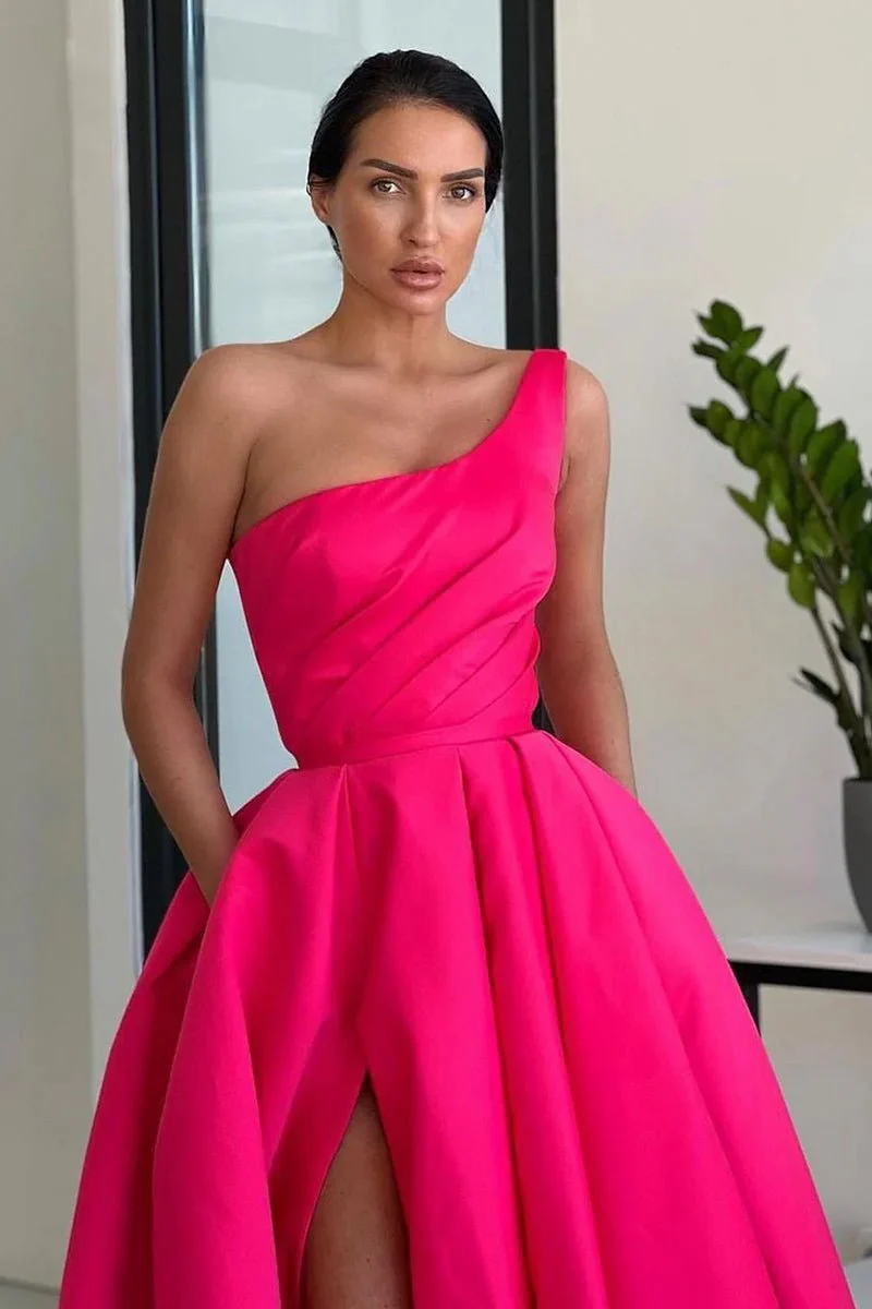  Charming A Line One Shoulder Fuchsia Satin Long Prom Dresses with Slit