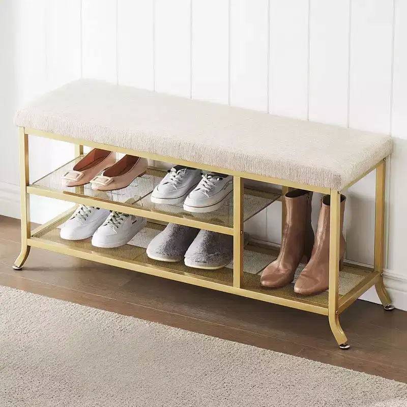 Shoe Rack Bench, 2 Tier Metal Storage Bench, Adjustable Shelf Entryway, Metal Shoe Rack Organizer with Cushion, Golden