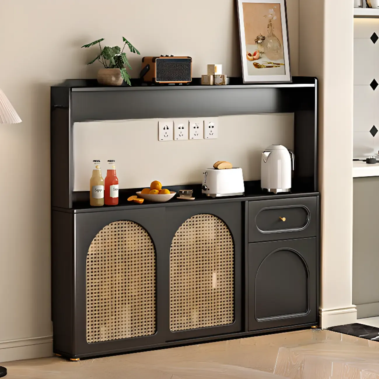 Kitchen Espresso Wood Black Rattan Door Sideboard
