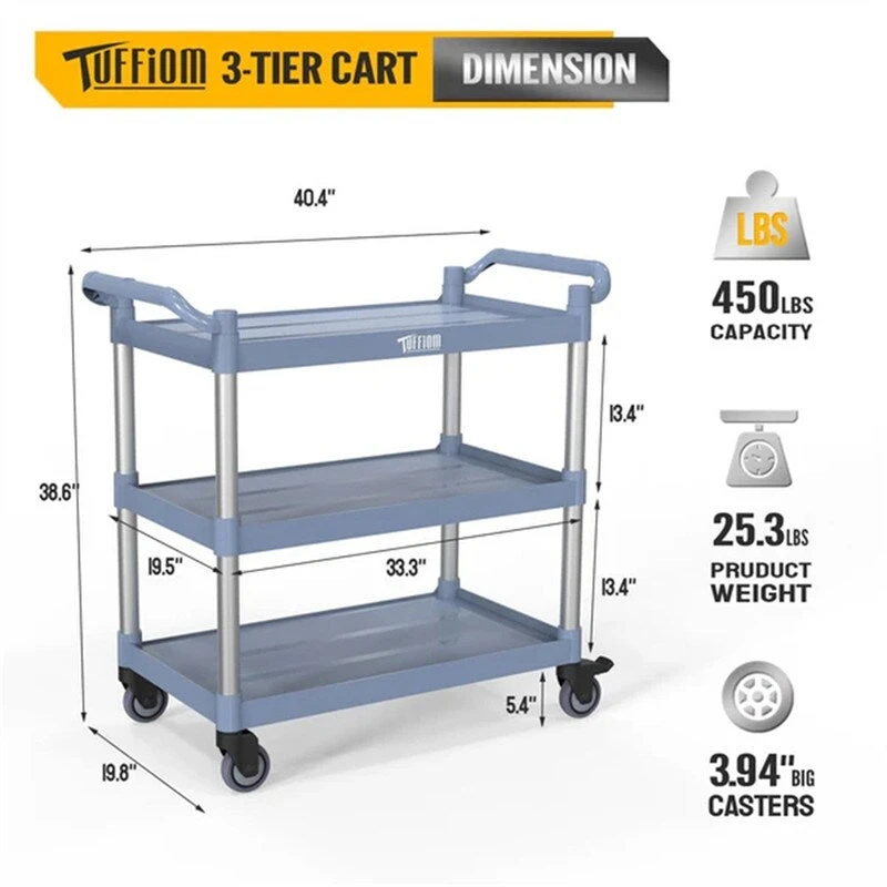3 Tier Medium 390lbs Capacity Plastic Utility Cart with Wheels Grey