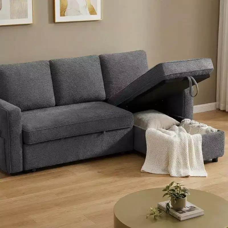 Dyonery 81 Chenille Sleeper Sofa Bed with Reversible Storage Chaise, L-Shaped Pull Out Sectional Couch for Guest Room