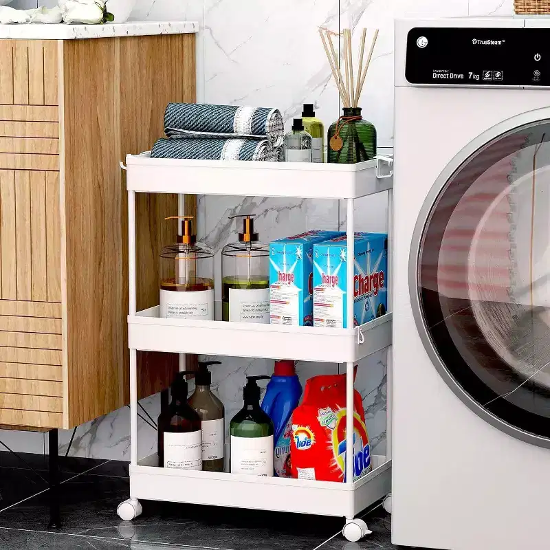 ACOINEL Rolling Storage Cart 3 Tier, Bathroom Cart Organizer Laundry Room Organizer Utility Cart Mobile Shelving Unit Multi-Functional Shelves White