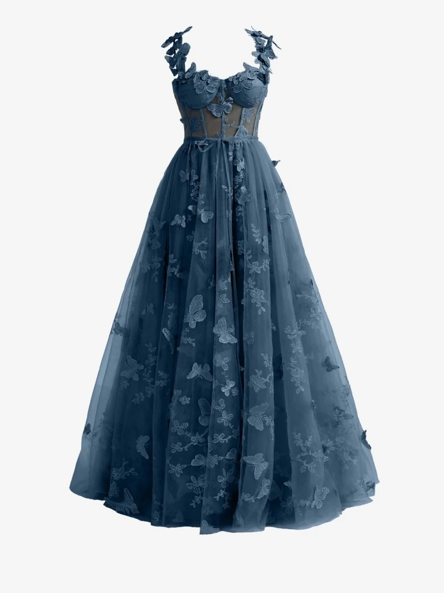 Navy Blue A-line Butterfly Lace Lilac Corset Prom Dress with Slit