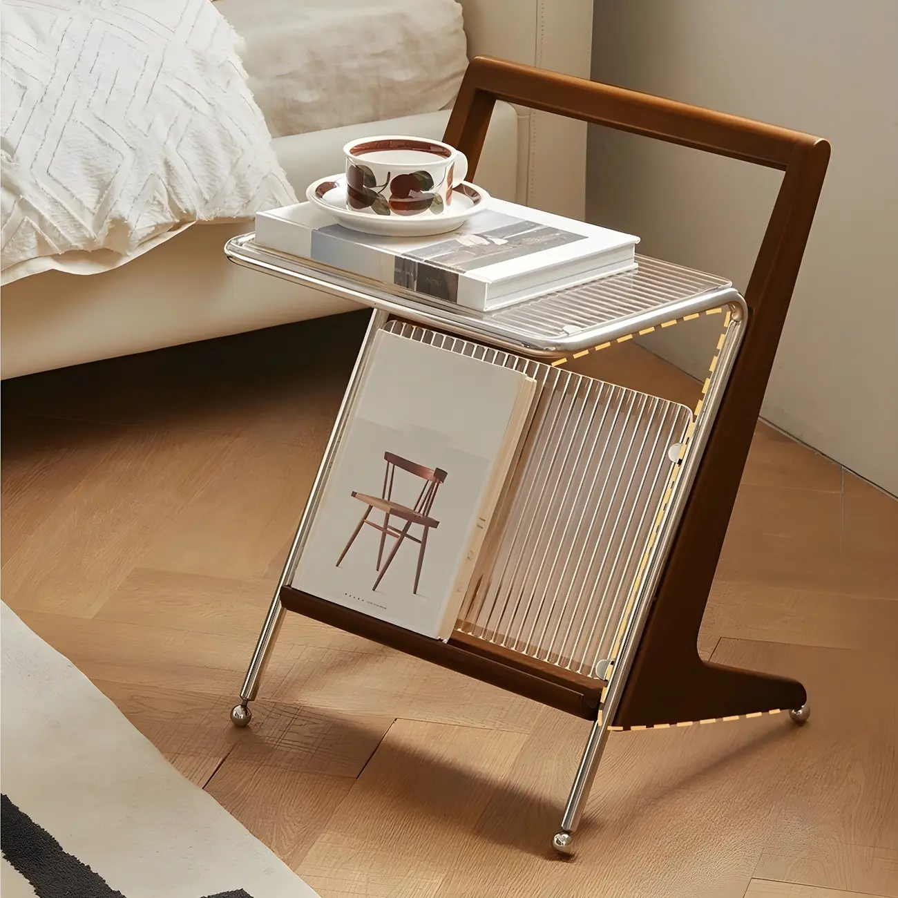 Unique Z-Shaped Solid Wood Glass Display Small Side Table