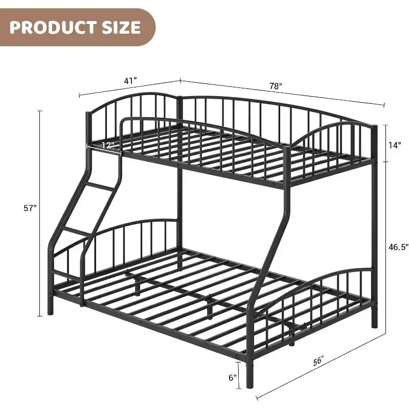 Twin Over Full Metal Bunk Bed, Space Saving Heavy Duty Steel Frame With Arched Guardrail And Ladder, Easy Assembly, No Box Spring Needed