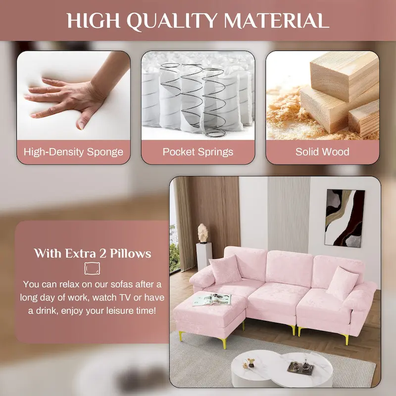 Upholstered Velvet Sectional Sofa with Pillows & Ottoman