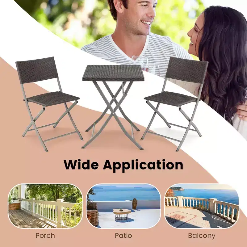 Costway 3PCSPatio Folding Rattan Bistro Set Chairs Backrest Table Garden Deck
