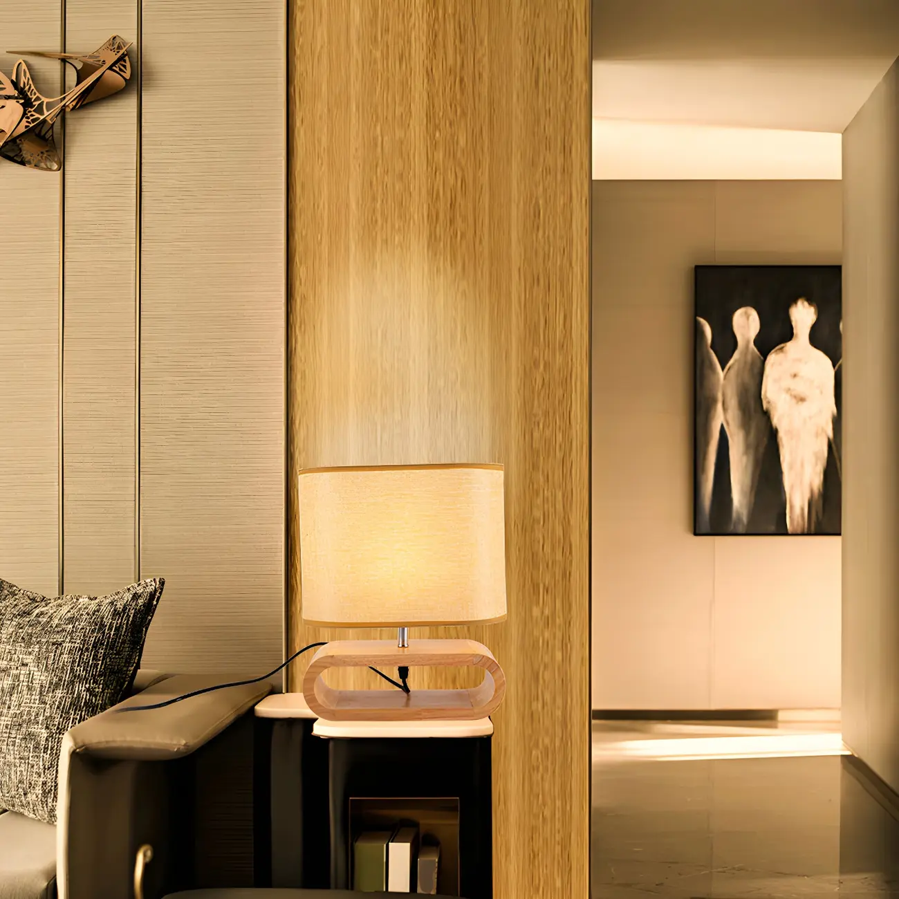 Bedside Wood LED Plug In Table Lamp in Fabric Shade