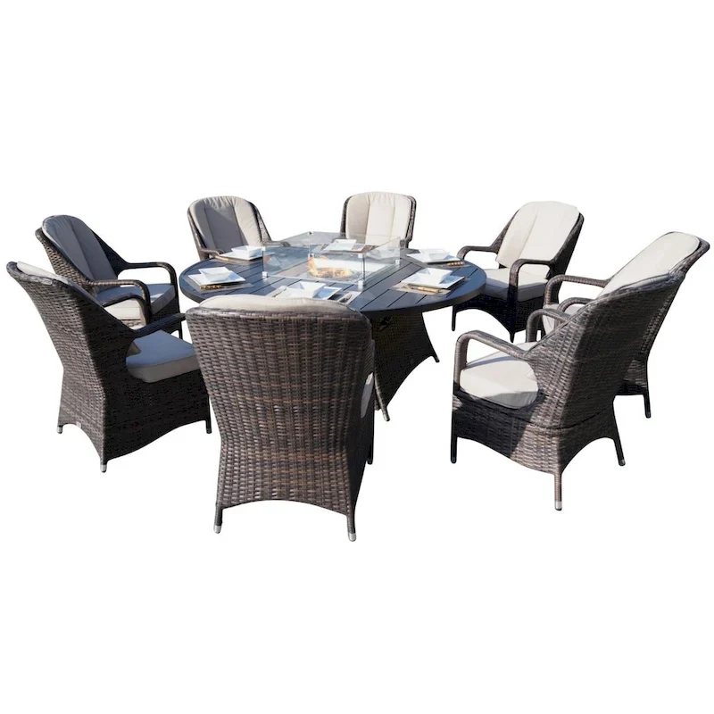 9 Pieces Outdoor Wicker Gas Fire Pit Dining Set Round Table with Chairs