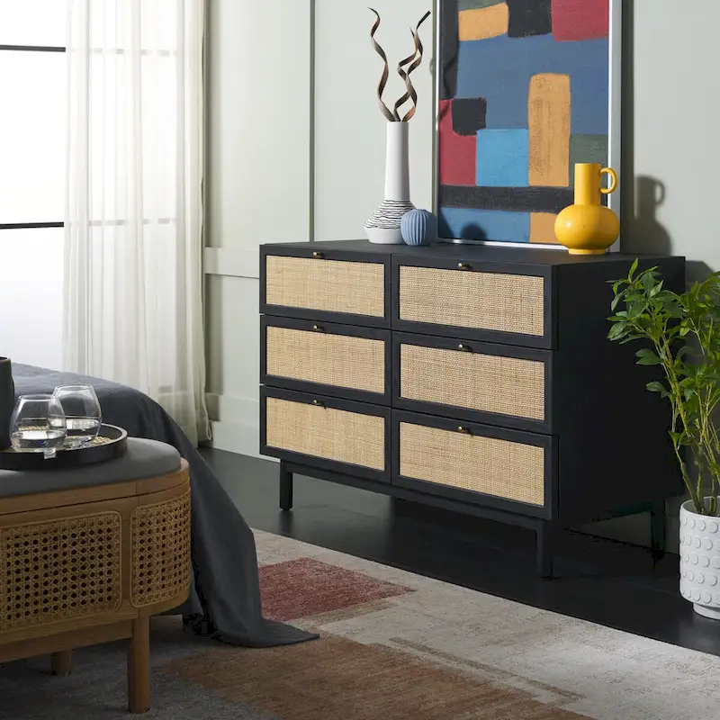 Black / Bleached White / Walnut / Oak / Distressed Black Rattan Mesh 6-Drawer Dresser with Gold Pulls – Single
