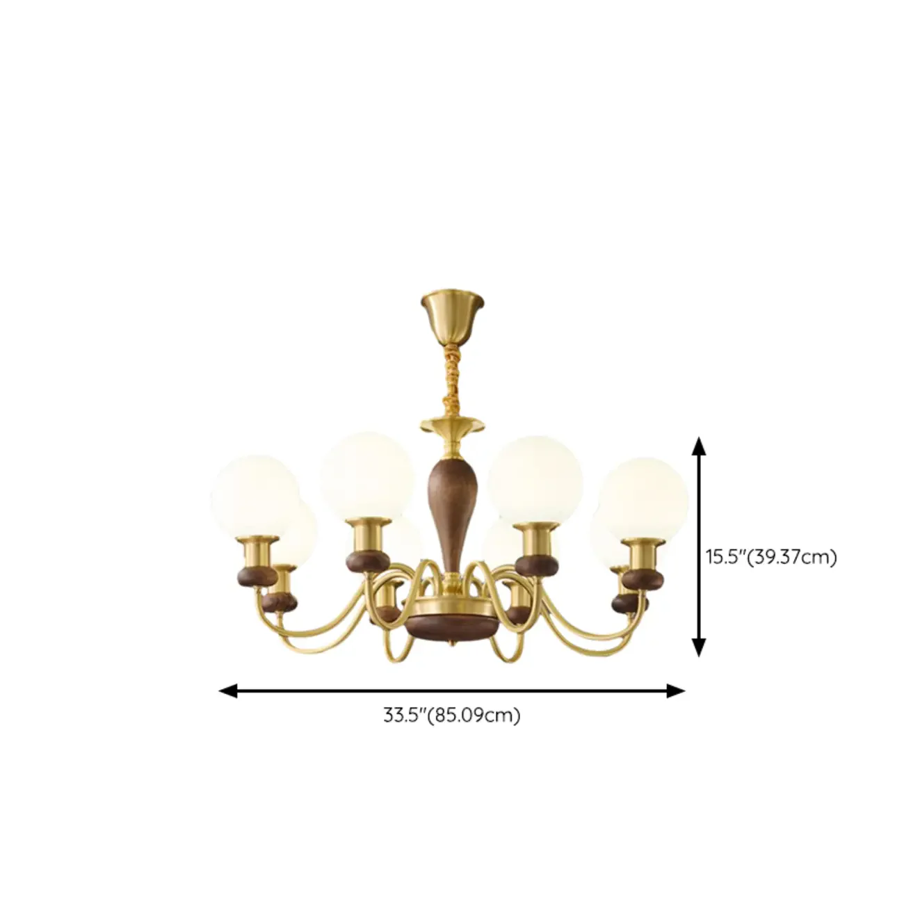 Mid-Century Brass Wood Chandelier with Globe Glass Shade