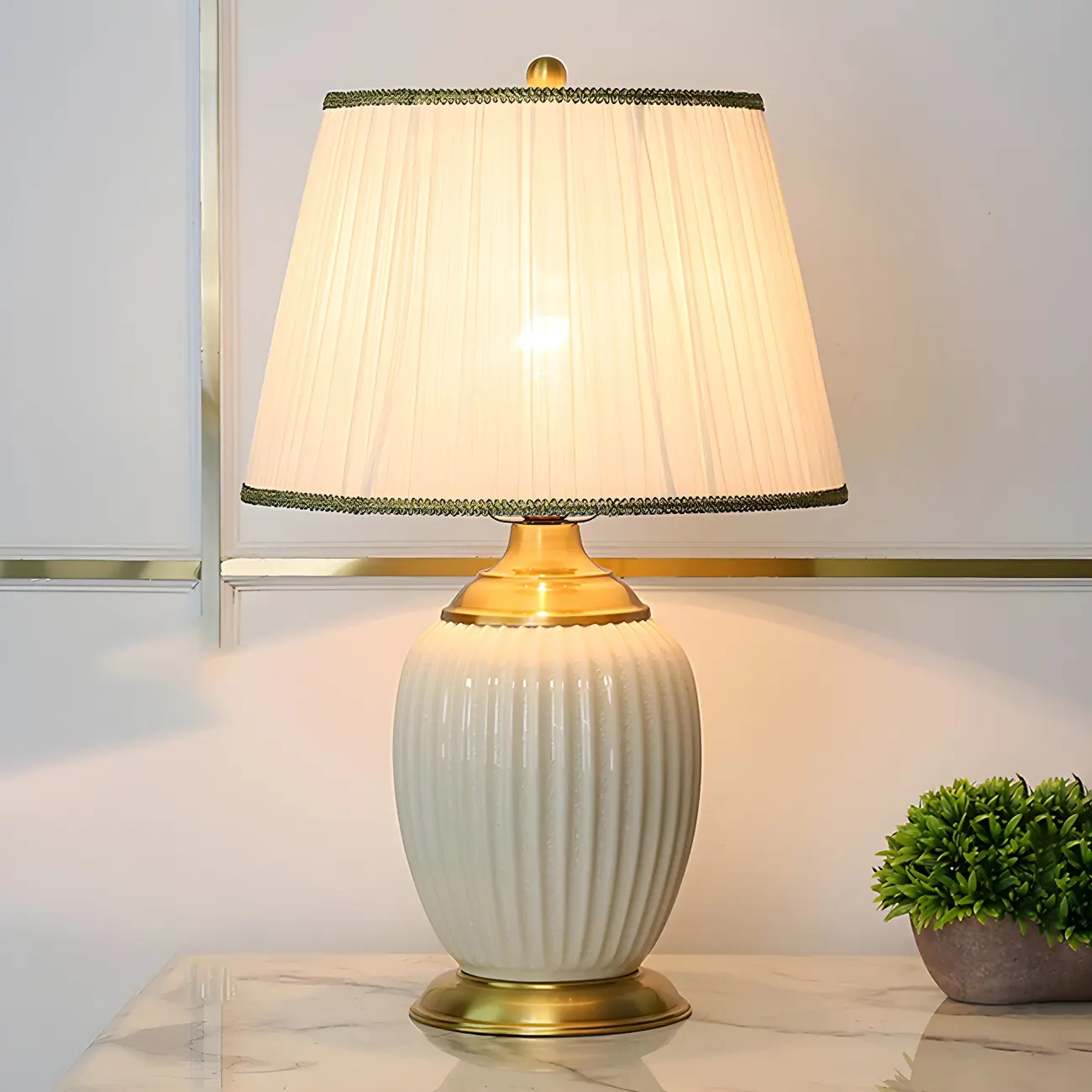 Plug-In Elegant Ceramic LED Table Lamp with Fabric Shade