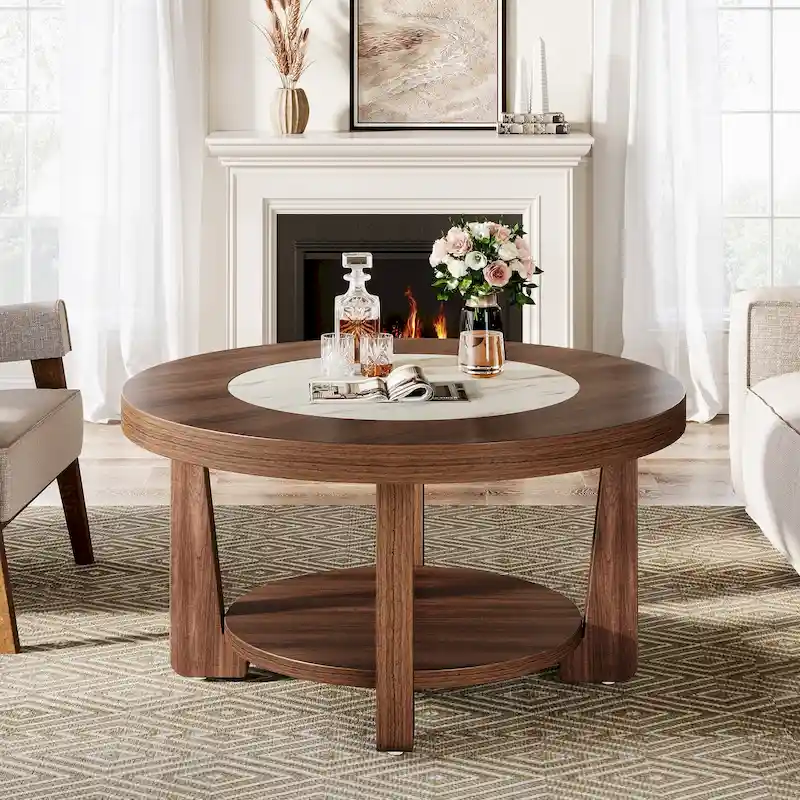 Brown/ White Wood Round 2-Tier Coffee Table for Living Room