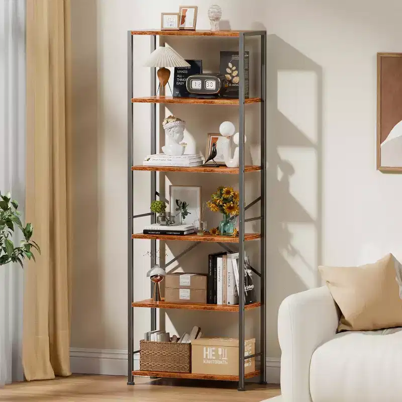 Qwatto Brown 6 Tier Tall Wide Bookshelf Industrial Wood Metal Freestanding Open Display Shelving Unit Storage Organizer Etagere Bookcase Home Office