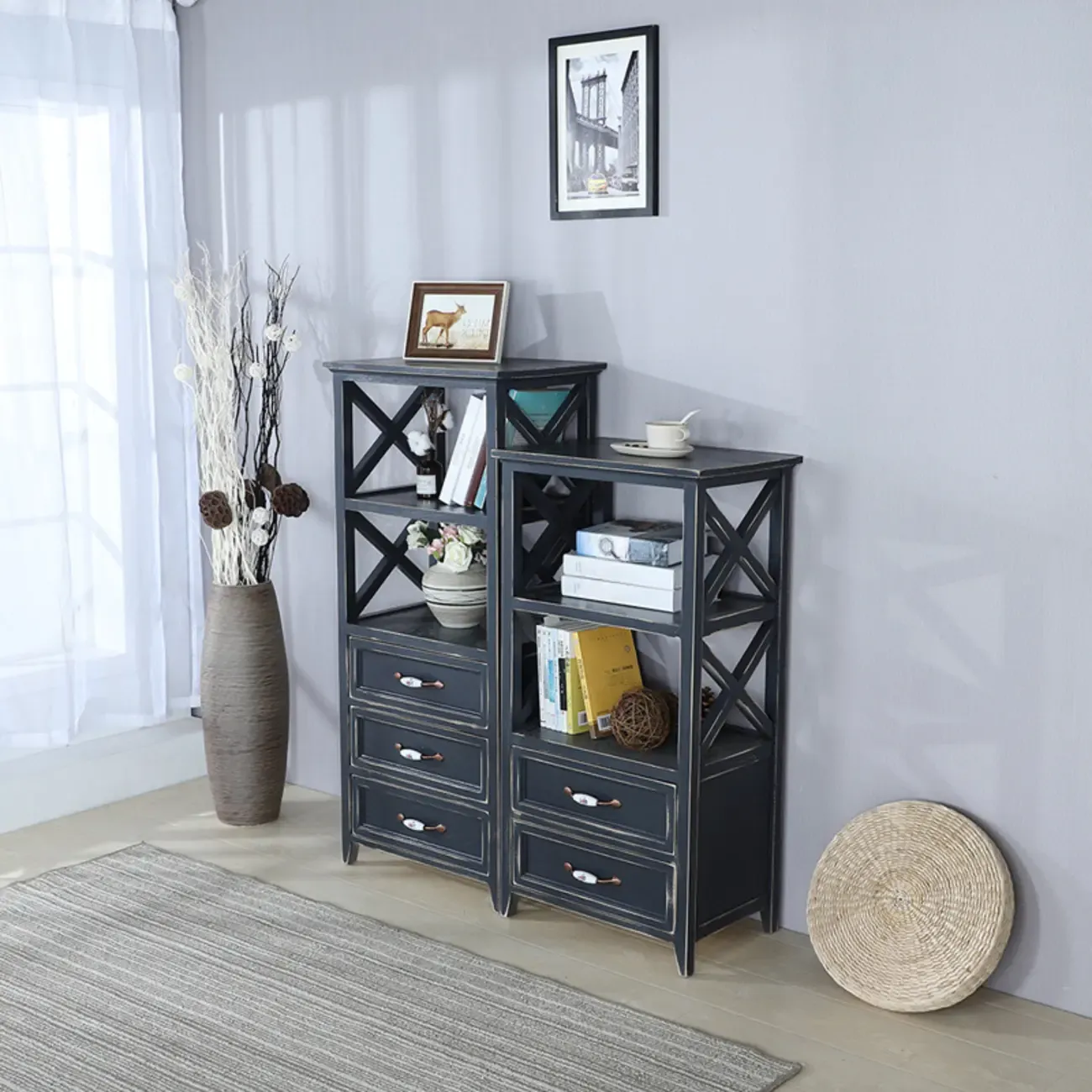 Antique Chic Open Back Black Wood Storage Bookcase