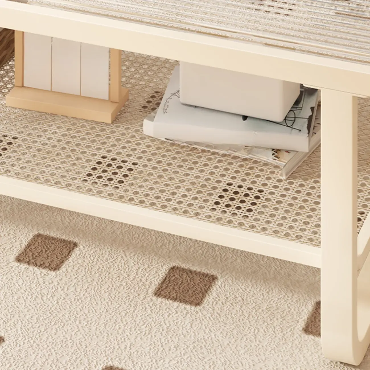 Modern White Rectangle Glass Coffee Table with Shelf