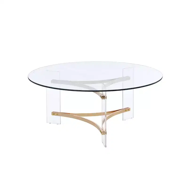 41" Sosi Coffee Table Gold Finish - Acme Furniture: Modern Round Tempered Glass Top, Storage Compartment, Powder-Coated Frame