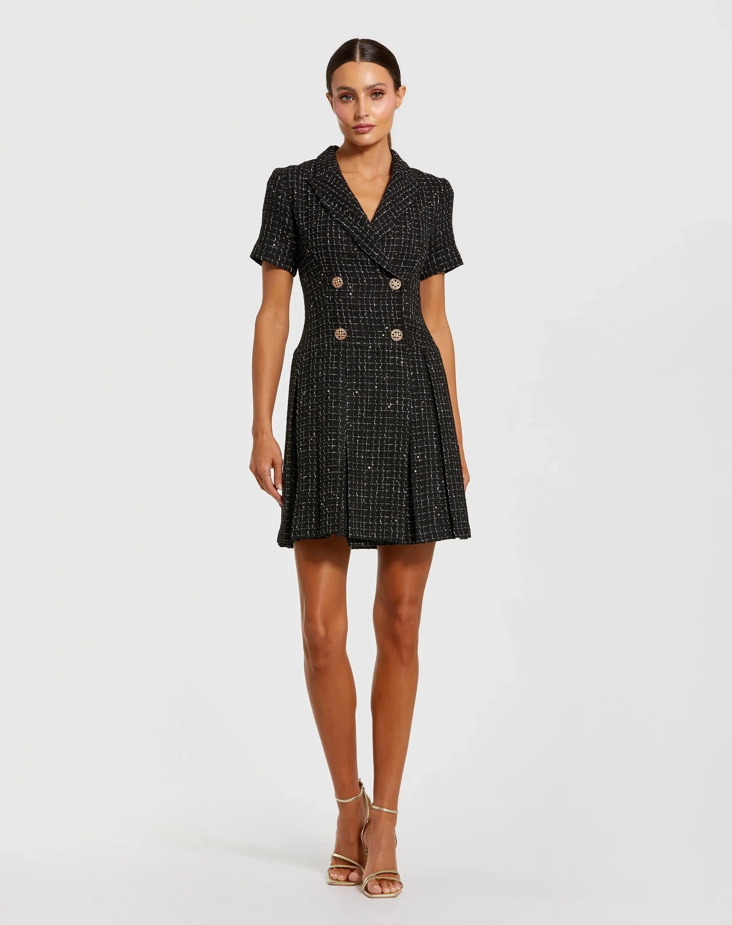 Black Short Sleeve V Neck Tweed Blazer Mini Dress