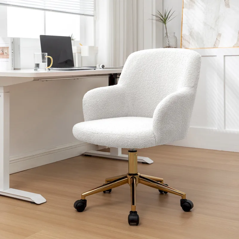 Swivel Office Chair with Teddy Fabric and Gold Chrome Legs