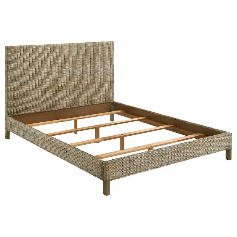 Ayla King Size Bed, Rattan Woven Design, Panel Headboard, Gray Mahogany