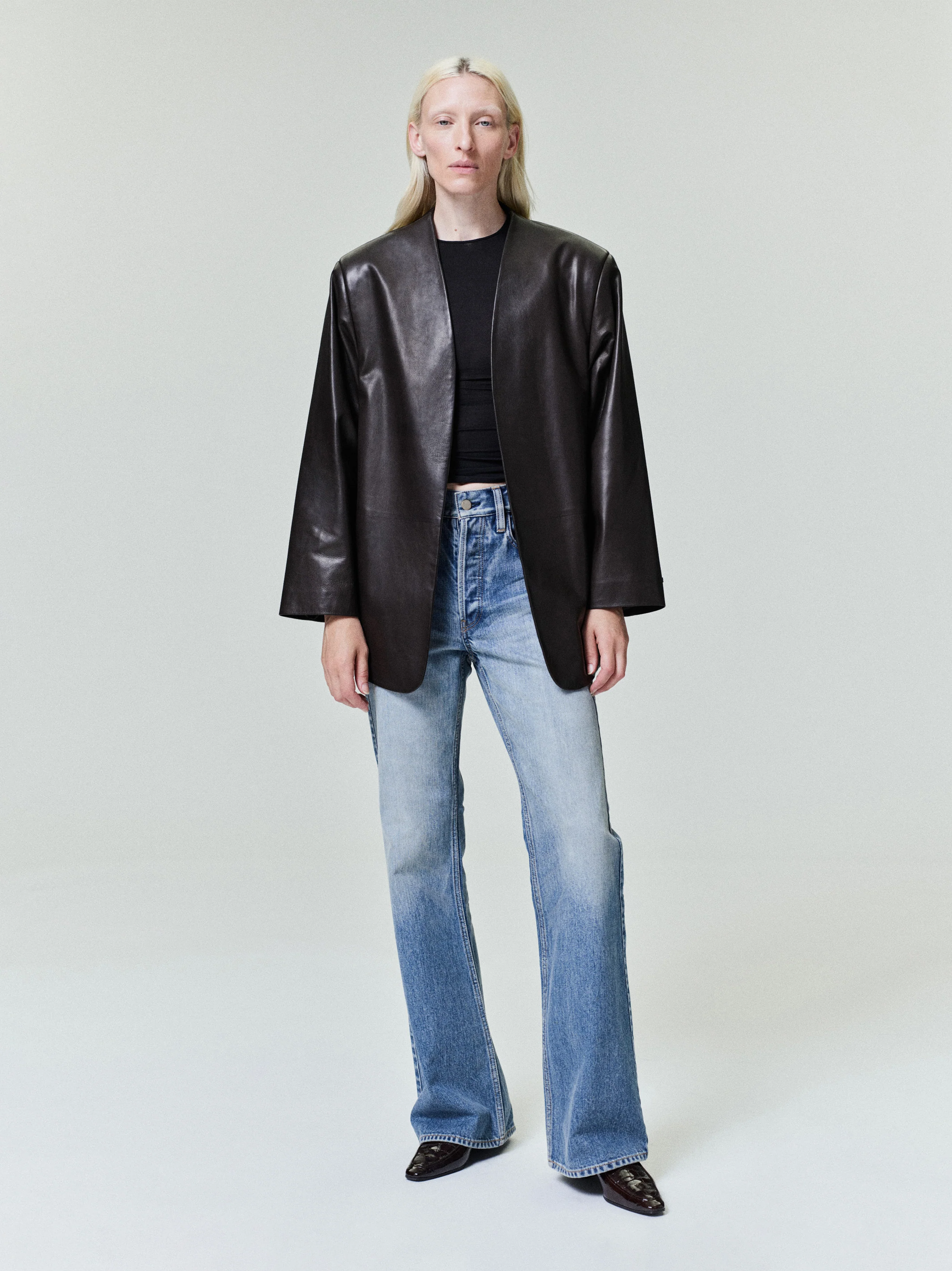 Womens Leather Collarless Jacket
