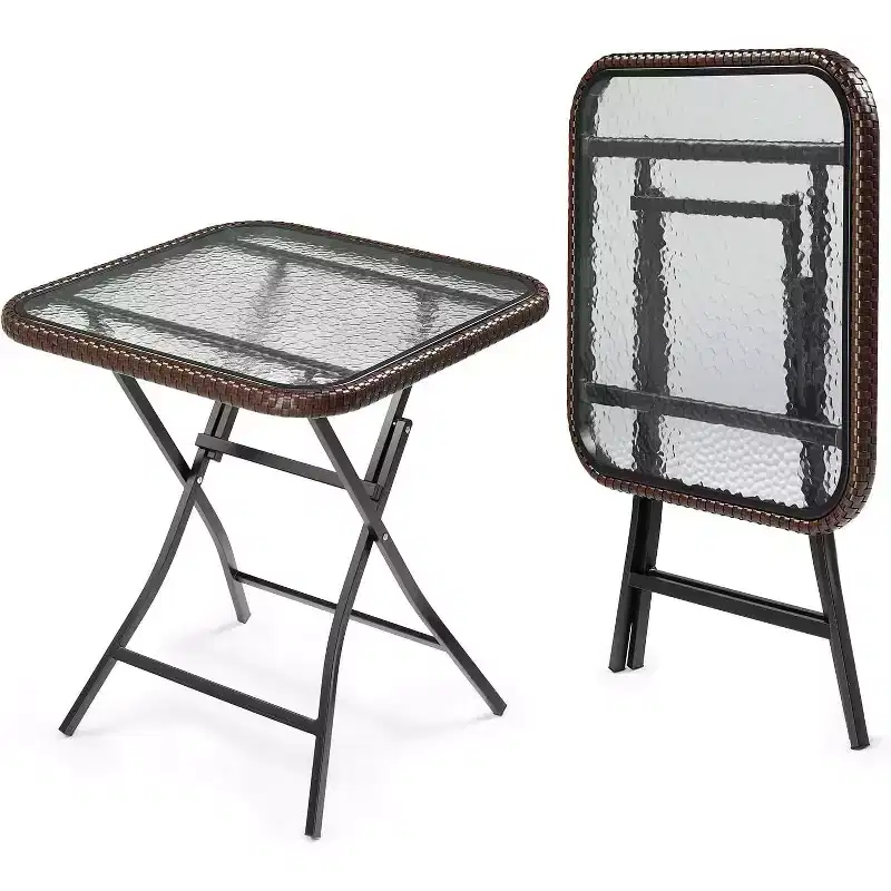VINGLI 23.6in Modern Brown Rattan Folding Glass Outdoor Side Table, Small Patio Table with Tempered Glass Top