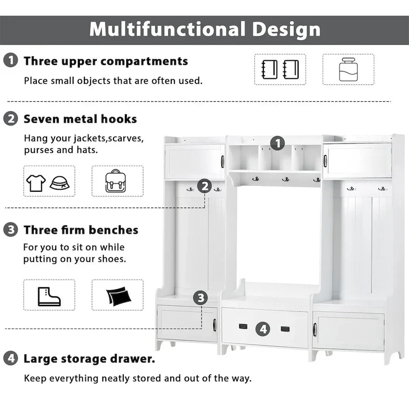 Merax 4-in-1 Multifunctional Entryway Bench Hall Tree with 7 Metal Black Hooks
