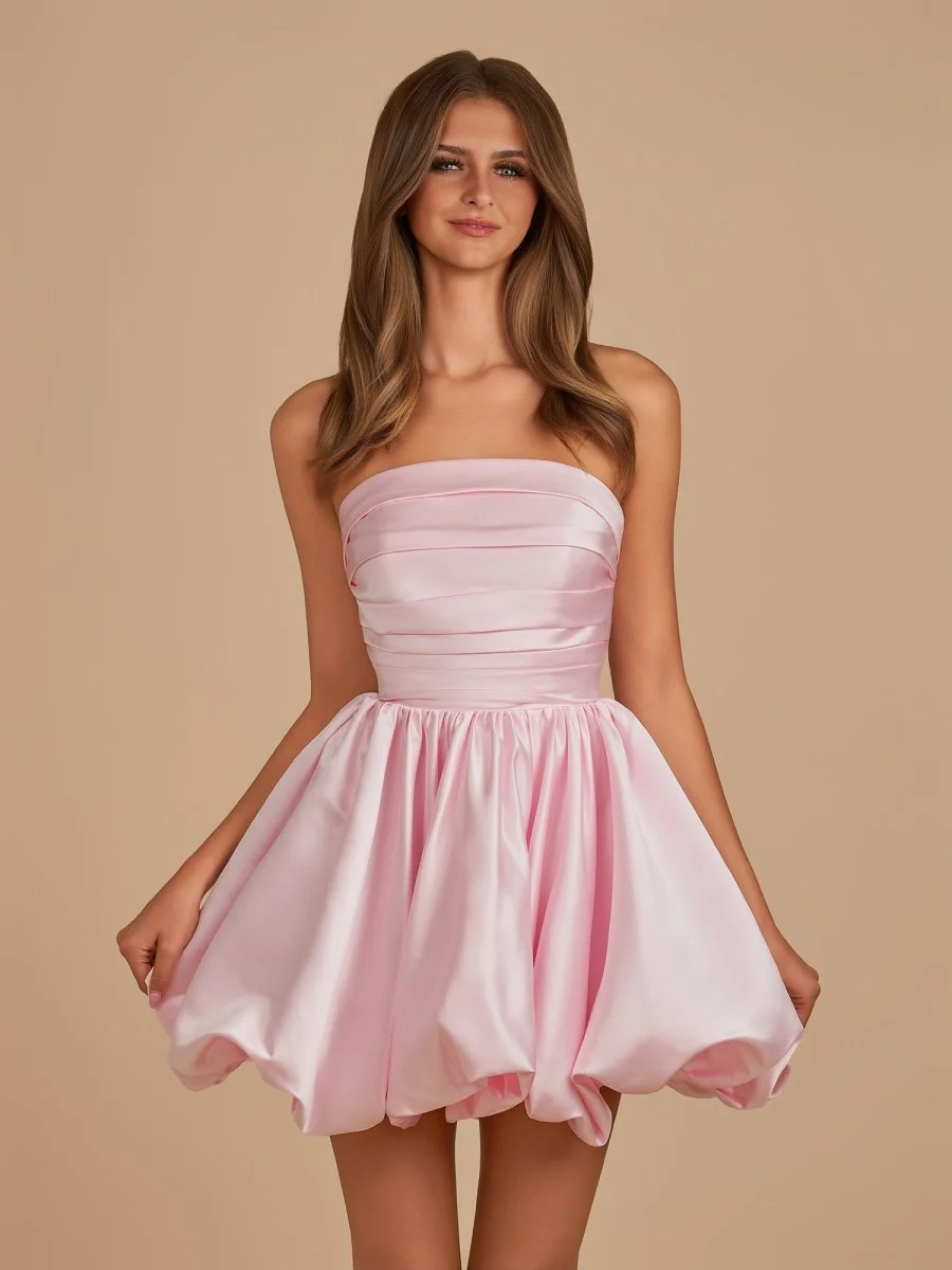 Pink - A Line Strapless Satin Bubble Hem Short Homecoming Dresses