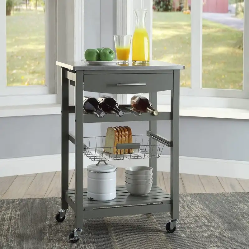 Kitchen Cart with Drawer & Wine Rack – Blue / Grey / Red / White, 1-Person