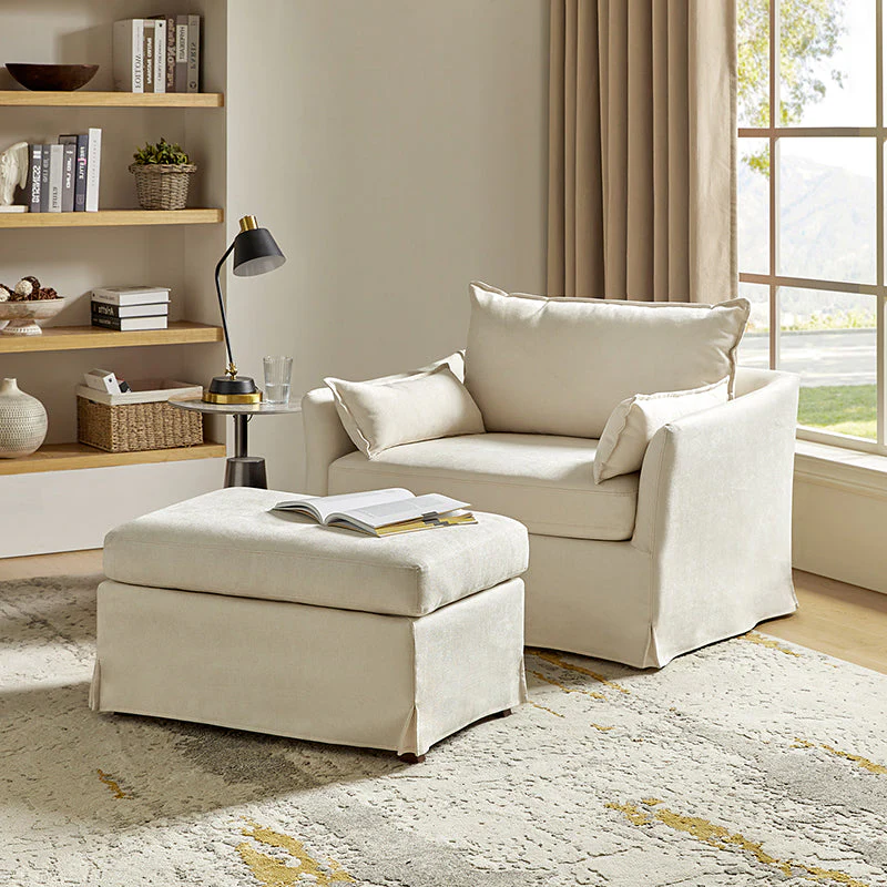 Polyester Slipcovered Oversized Armchair with Ottoman, Reversible Cushion & Locking Rear Wheels | Blue / Ivory / Grey | 1.5-Seat