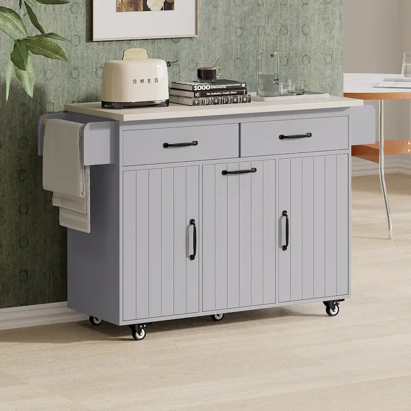 51 in. W Rolling Kitchen Island Cart with Drop Leaf and Tilt-out Trash Can